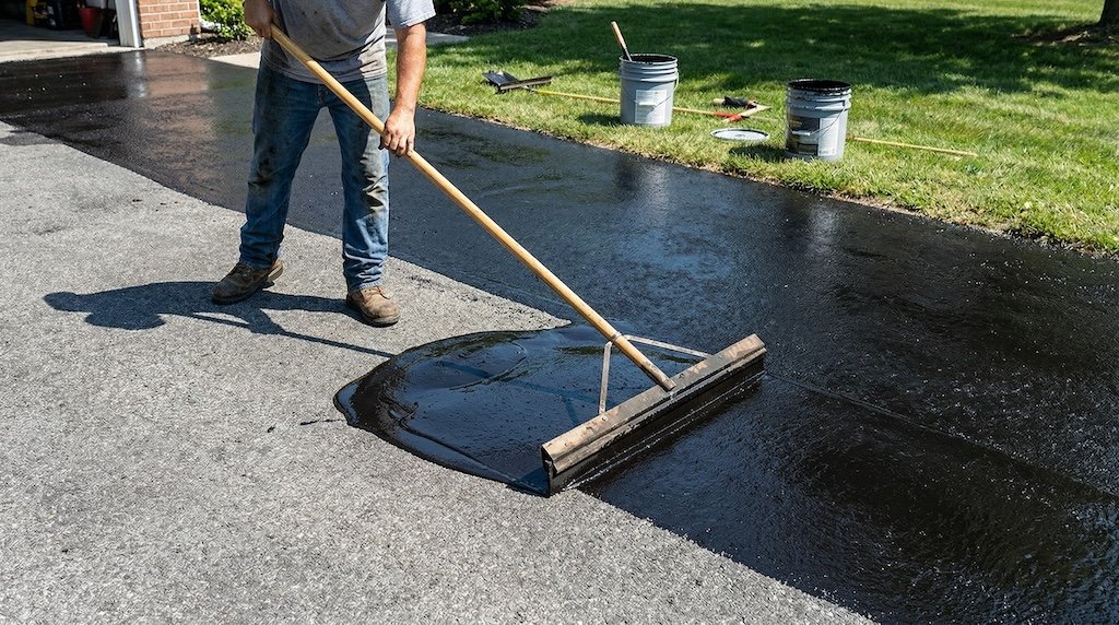 Sealcoat being applied to an asphalt surface