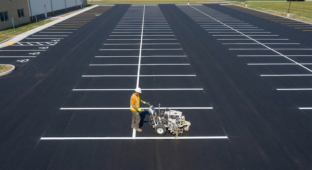 Fresh white line striping on a parking lot