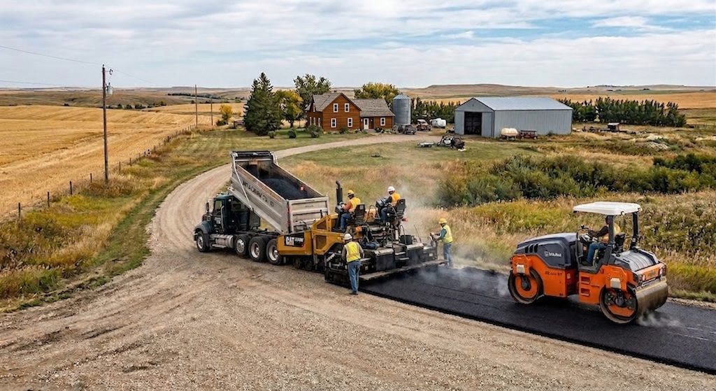 A black dump truck dumping asphalt into a paving machine followed by a heavy roller. Installin an asphalt driveway over gravel