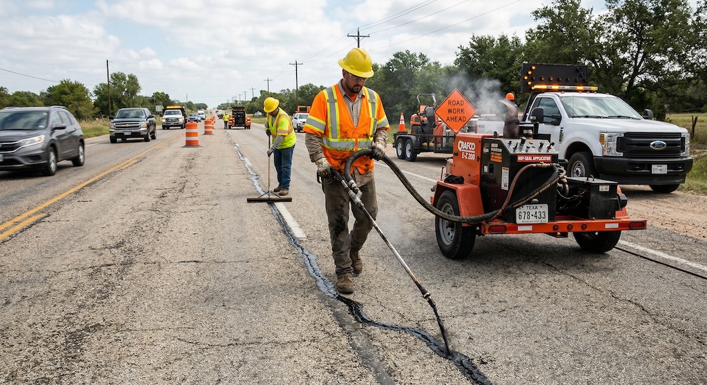 asphalt crack sealing team working on road